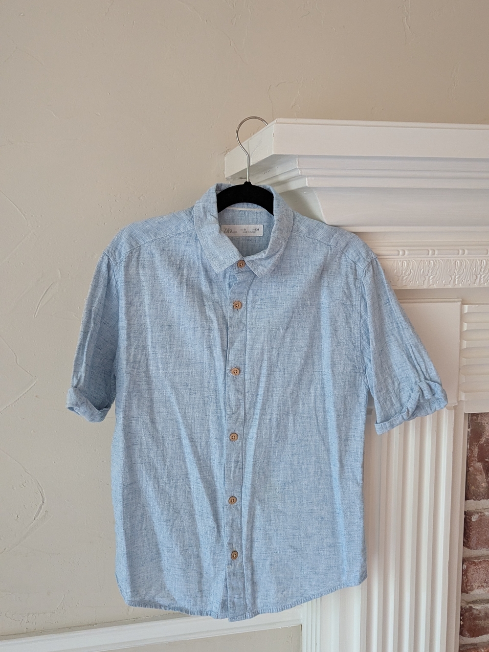Zara | Light Blue Linen Blend Short-Sleeve Button-Down Shirt